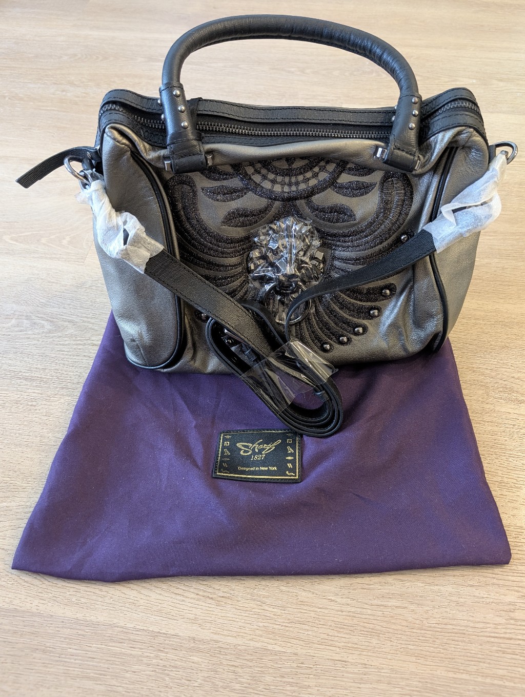 Nwt Sharif Genuine Leather Lion Embellished Metallic Gray Women’s Satchel
